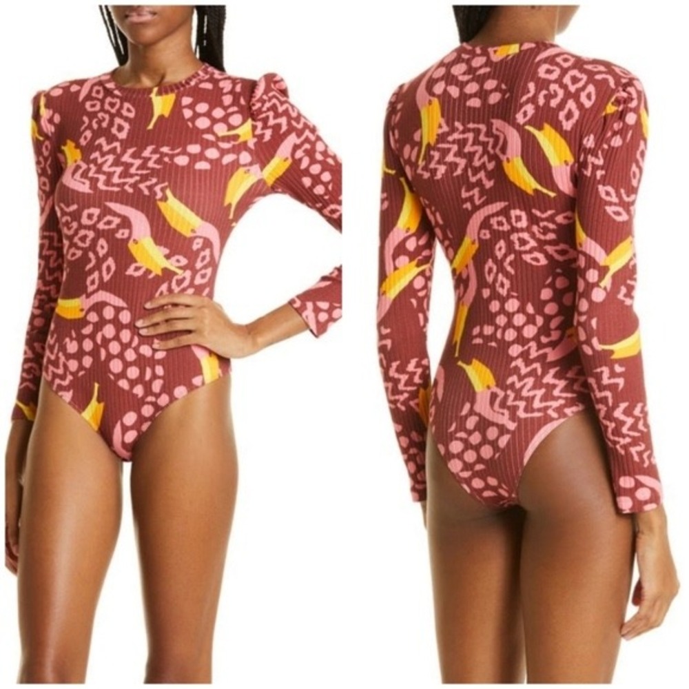 FARM Rio Toucan Abstract Ribbed Long Sleeve Bodysuit Medium Maroon Pink
